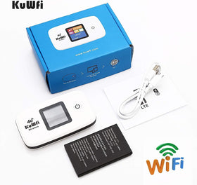 KuWFi on table sharing internet with phone and tablet for group connectivity