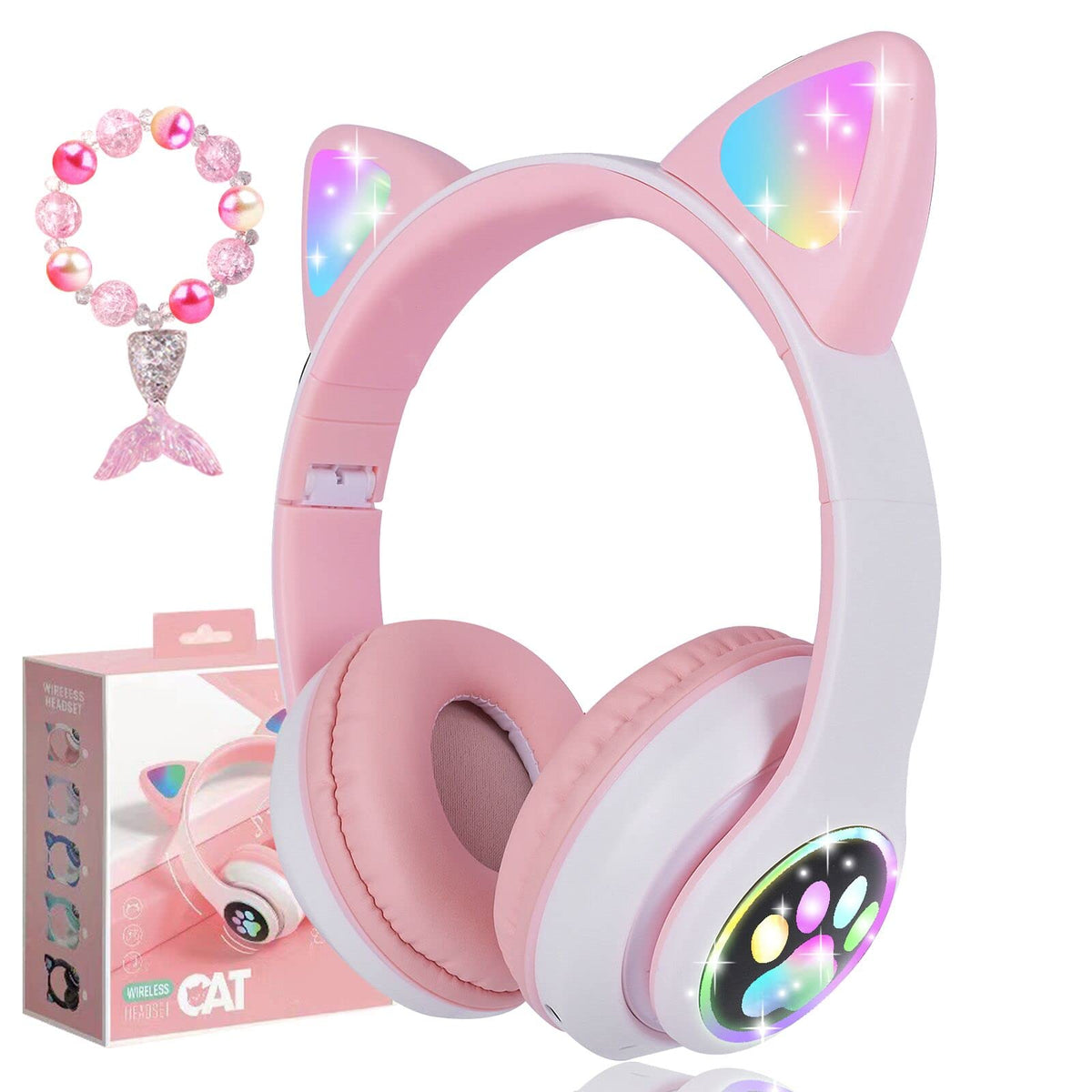 Kuyaon cat-ear headphones with pink LEDs for kids, perfect for play and music.