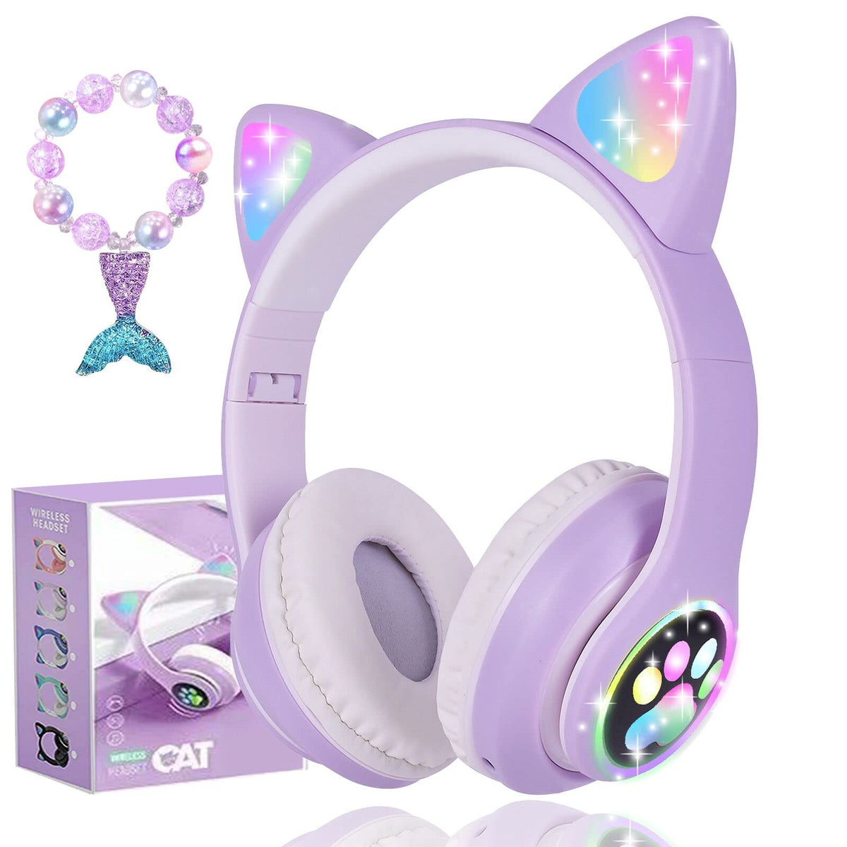 Kuyaon wireless cat-ear headphones with purple LED for kids' playtime and music.