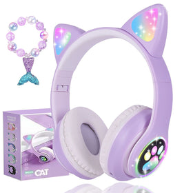 Kuyaon wireless cat-ear headphones with purple LED for kids' playtime and music.