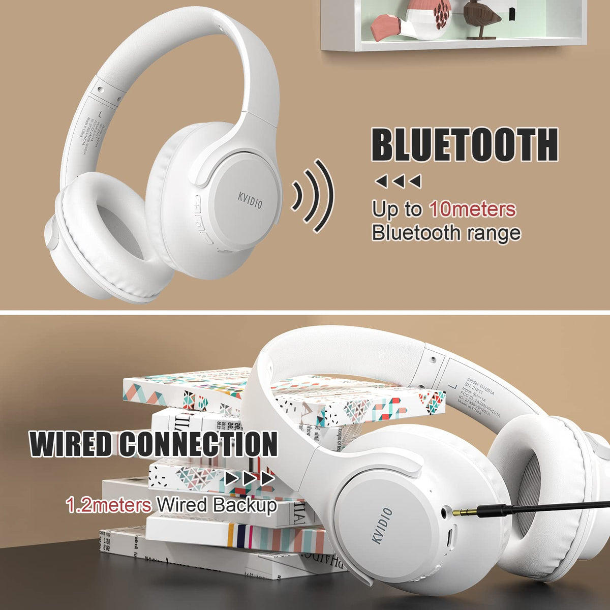 KVIDIO included accessories laid out: charging cable and 3.5mm cable for readiness