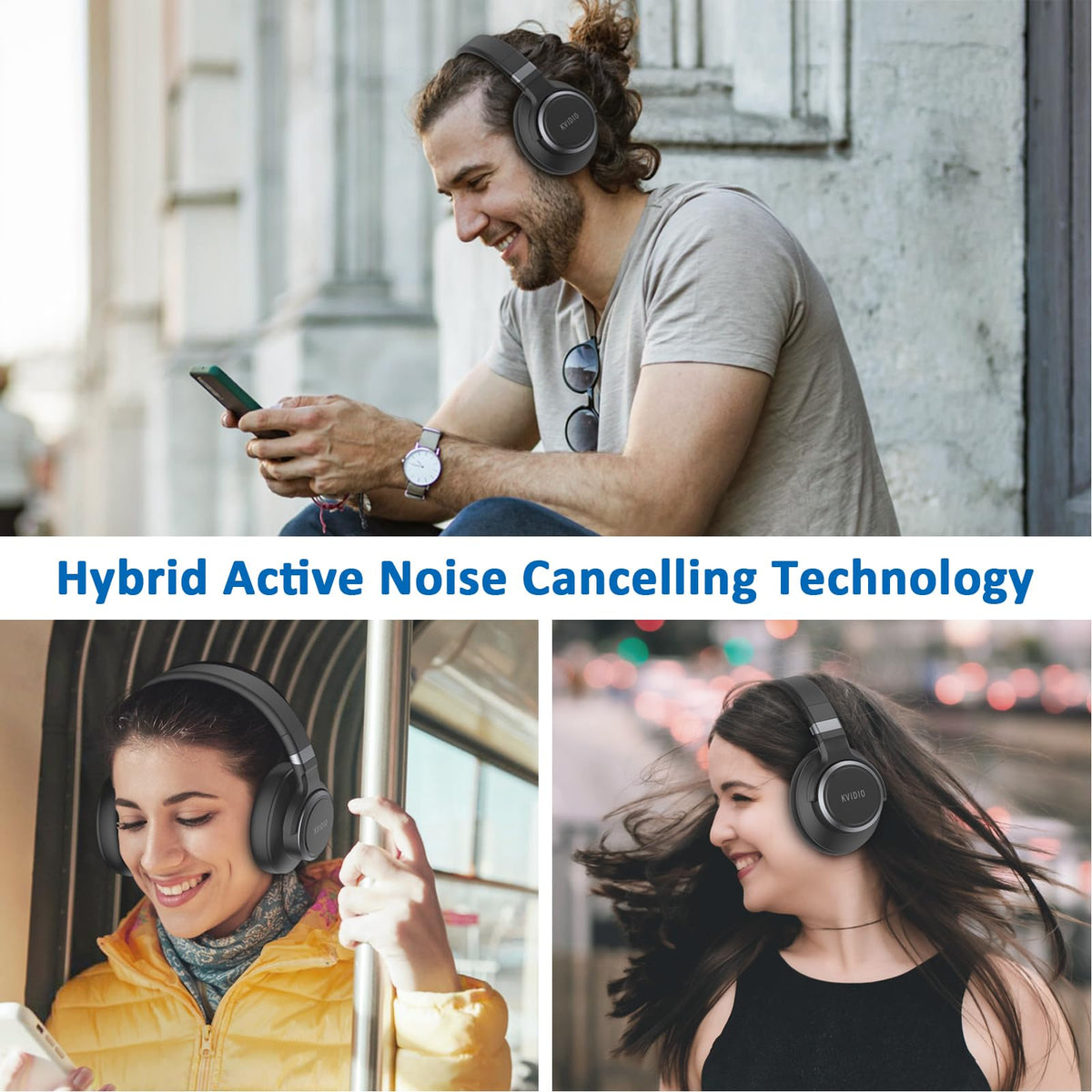 KVIDIO headphones with USB‑C and 3.5mm cables, showing fast charge convenience