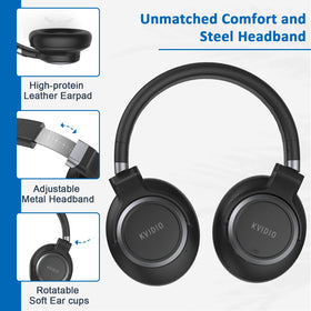 KVIDIO headphones connected with audio cable to laptop, showing uninterrupted playback
