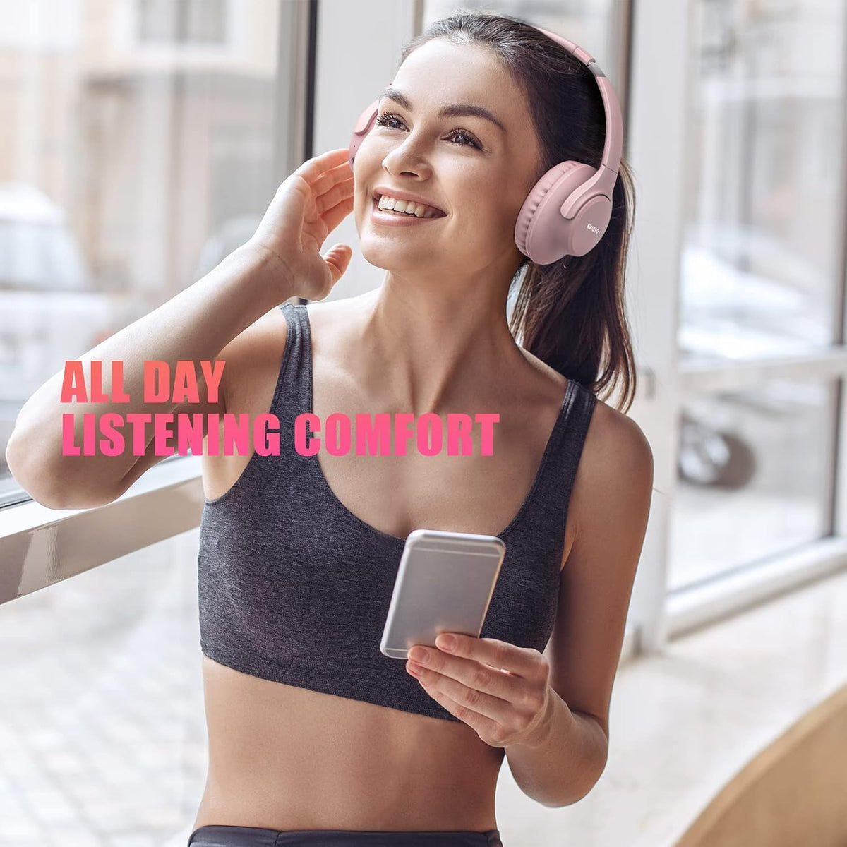 KVIDIO headphones worn on head to show fit and lightweight feel for users
