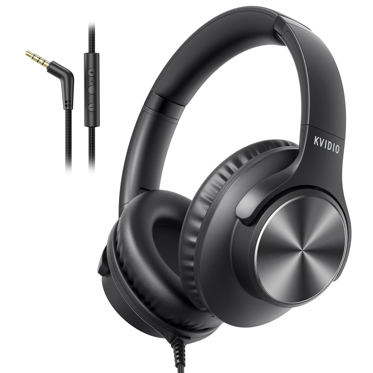 KVIDIO wired headphones folded for travel, compact and easy to carry.