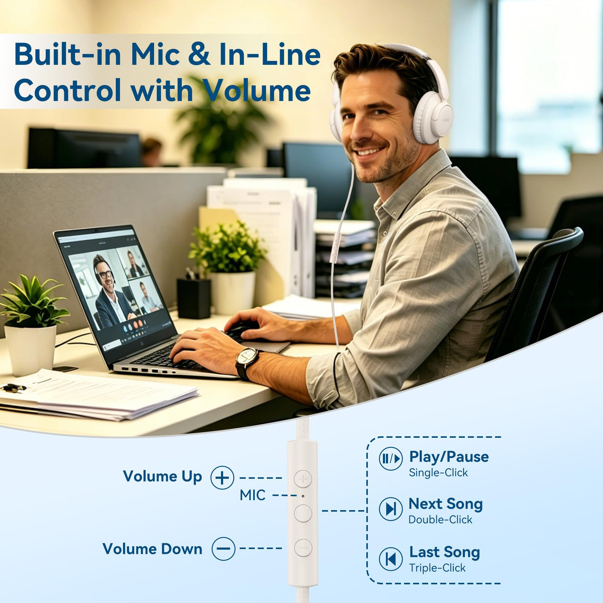 KVIDIO wired headphones inline microphone controls for easy calls and music.