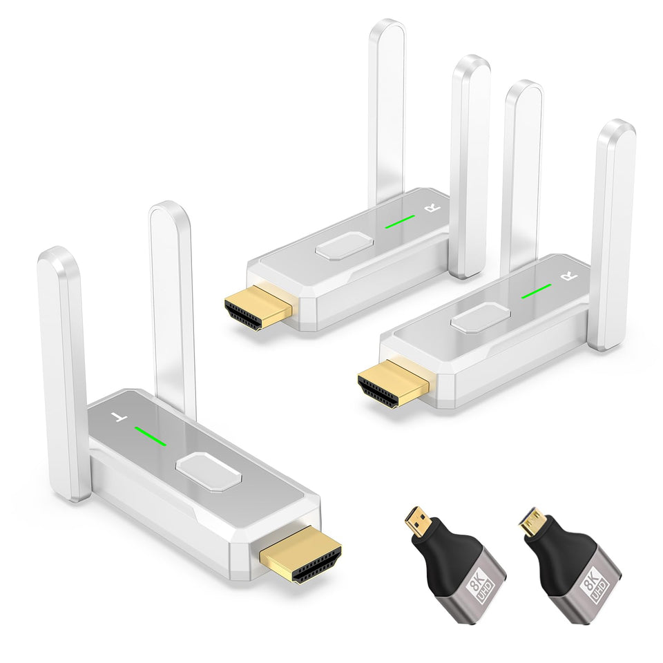 KVZOO wireless HDMI transmitter with two receivers enabling dual-screen streaming.