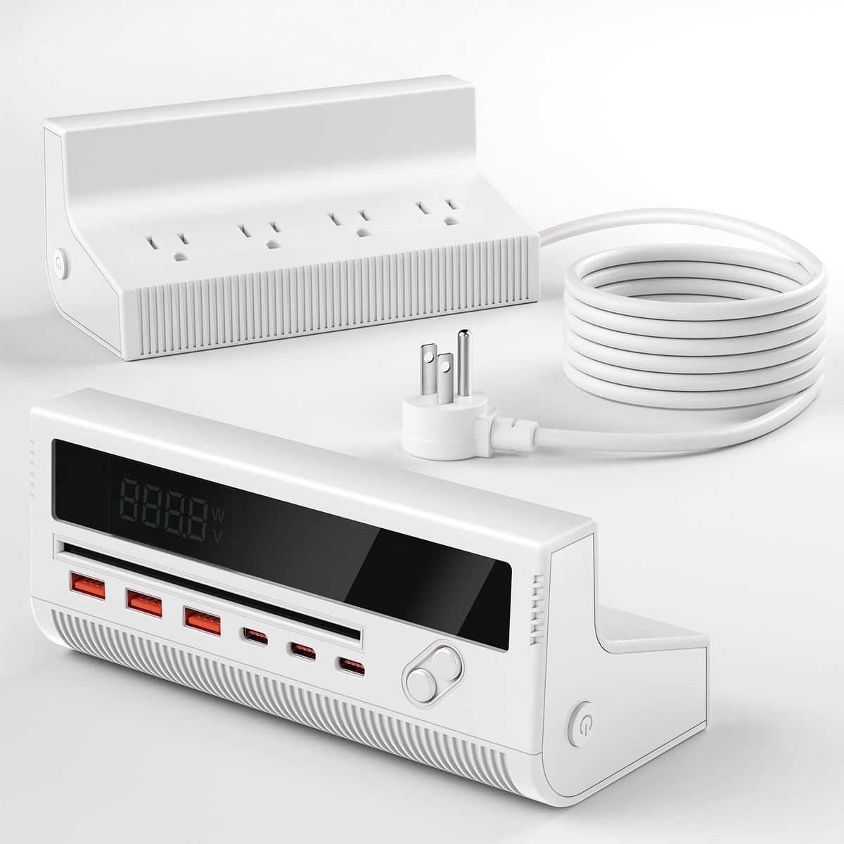 KWRNVO 10-in-1 USB power strip with four outlets for organized charging on a desk