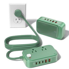 KWRNVO 7-in-1 power strip on a clean desk showing organized charging setup