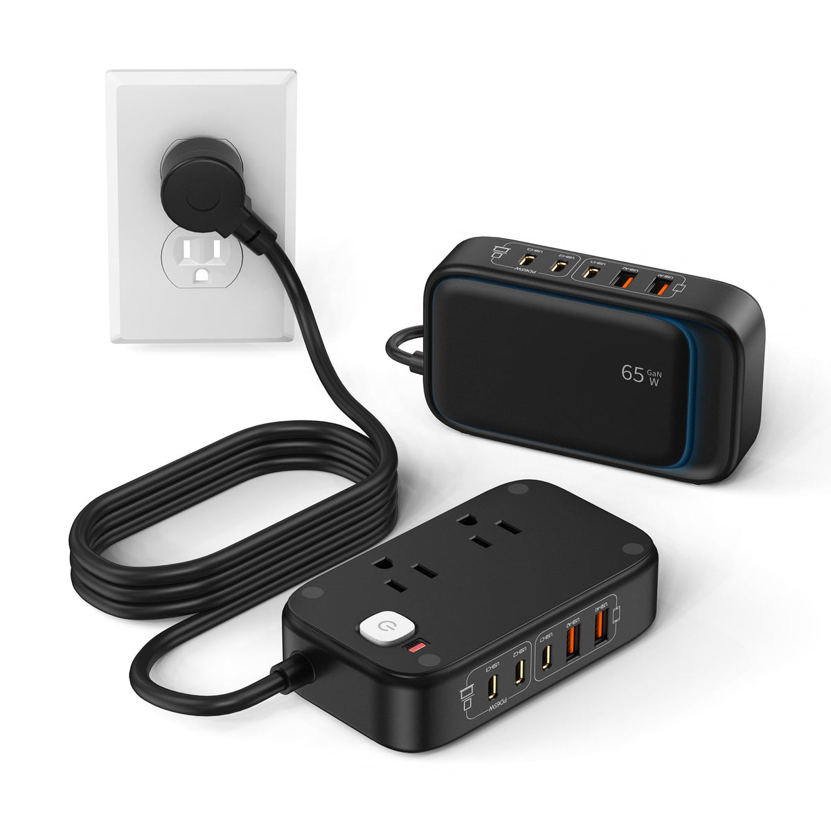 KWRNVO 7-in-1 power strip front view with flat plug for easy access