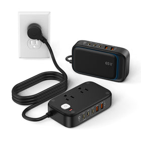 KWRNVO 7-in-1 power strip front view with flat plug for easy access