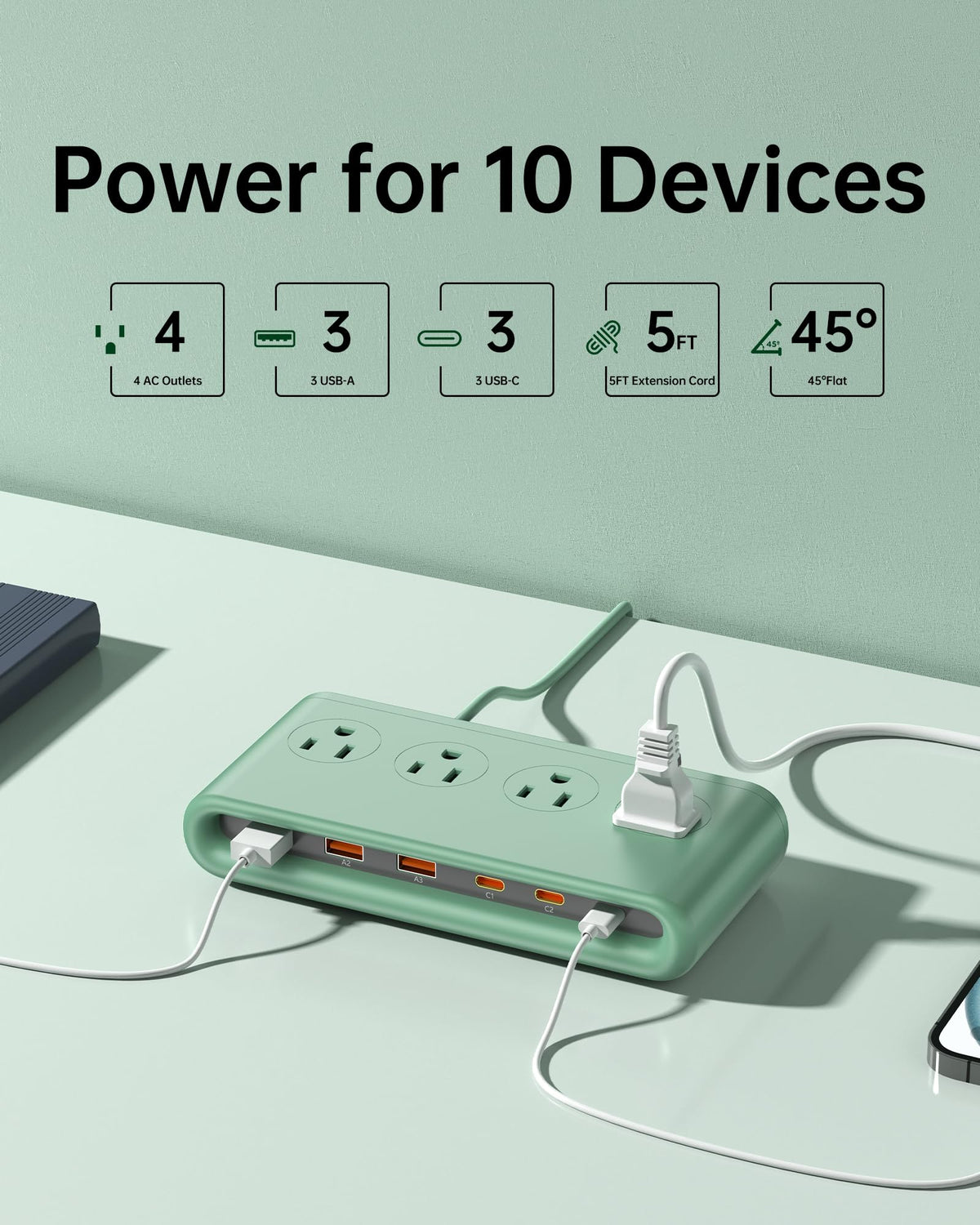 KWRNVO angled flat plug tucked behind furniture to save space