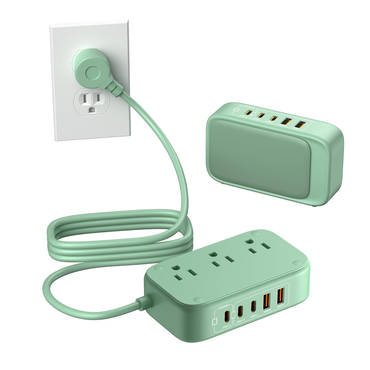 KWRNVO front view of power strip showing ports and compact layout for tidy charging