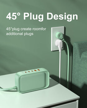 KWRNVO power strip in use on a desk charging laptop and phone for efficient workspace