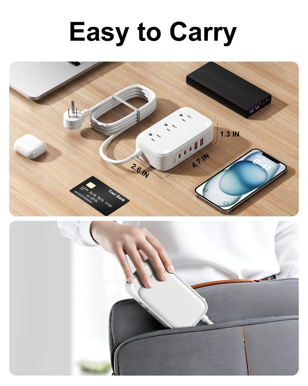 KWRNVO on nightstand with devices for tidy bedroom charging setup