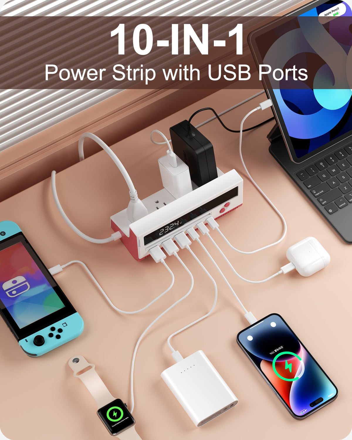 KWRNVO power strip with USB-C ports supports fast charging for compatible devices.