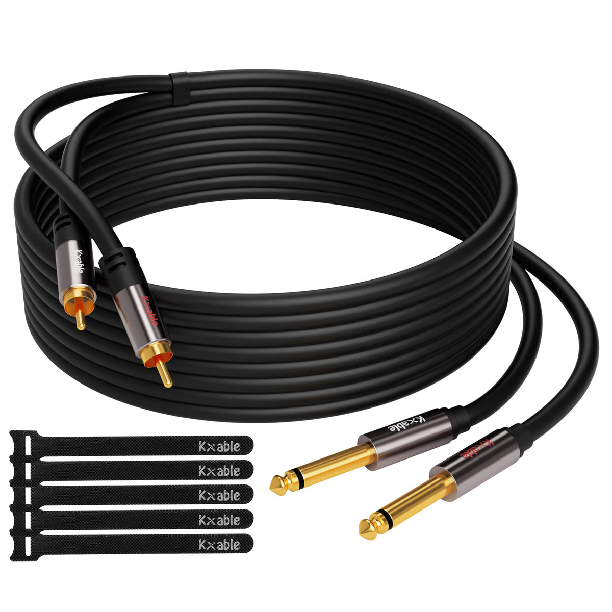 Kxable front view of dual 1/4" TS to 2 RCA connectors showing durable build and easy channel ID