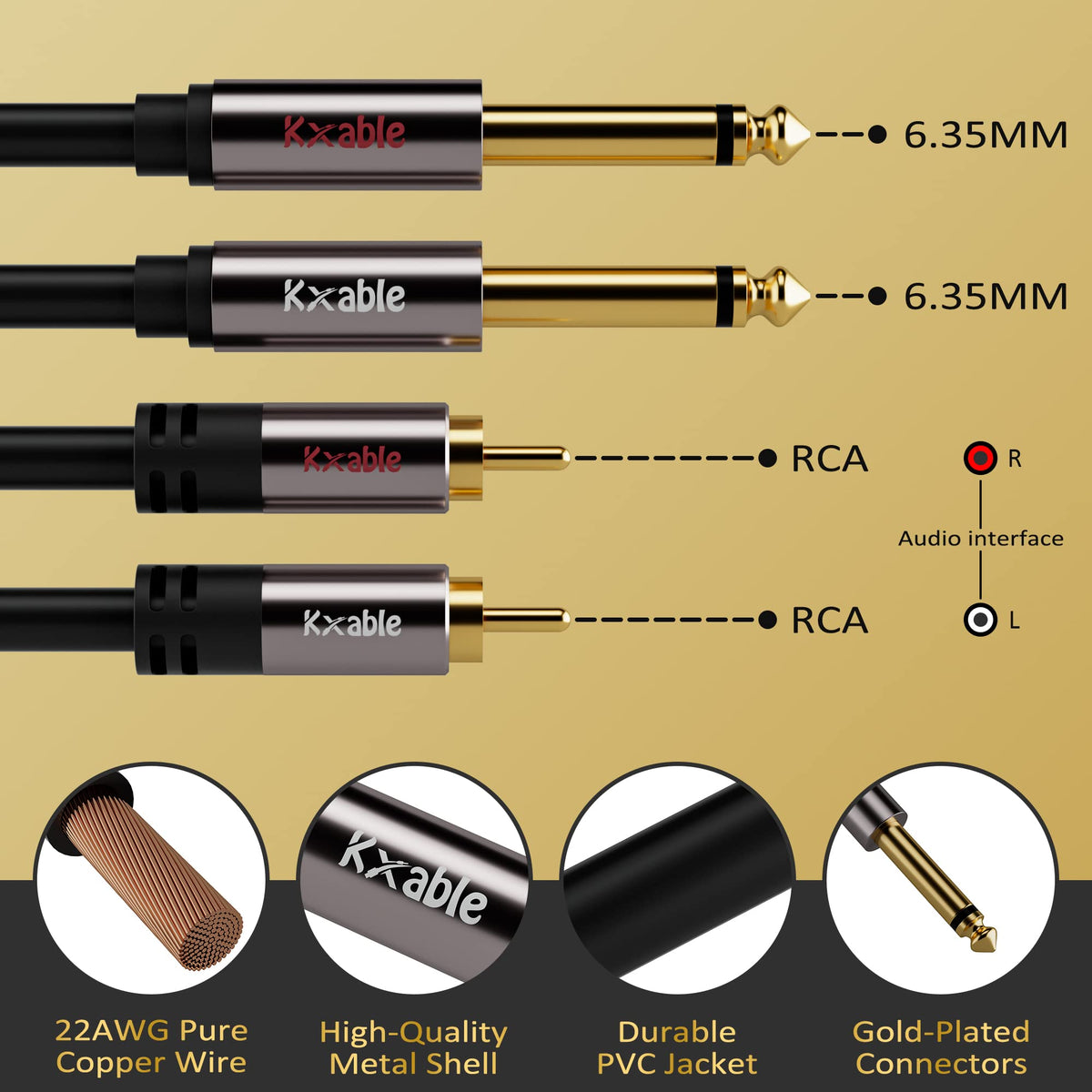 Kxable closeup of 24K gold‑plated connector highlighting corrosion resistance and reliable contact