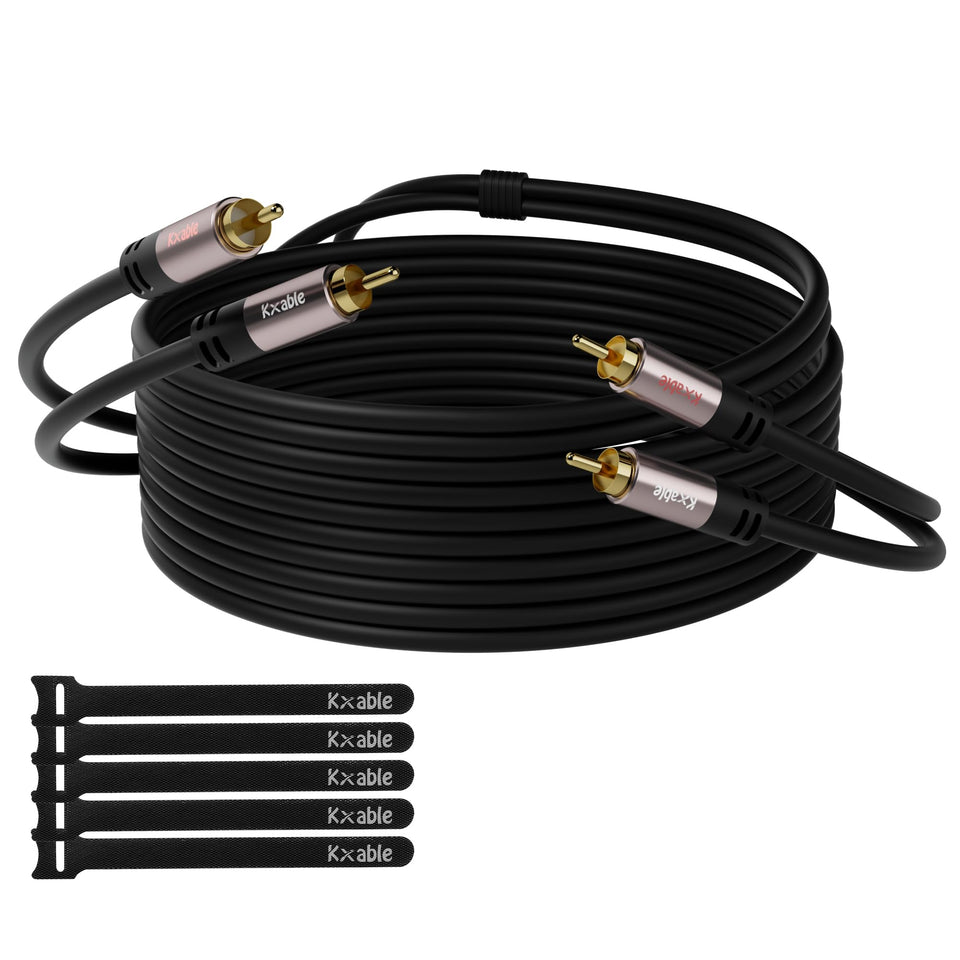 Kxable front view showing 100 ft RCA cable and connectors for secure connections