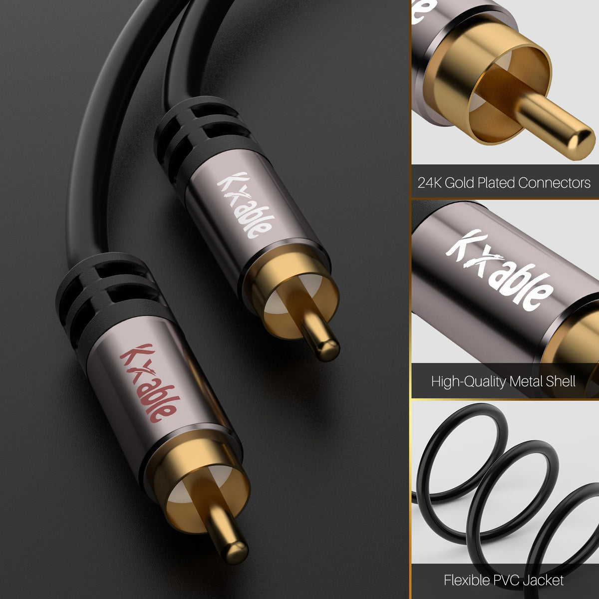 Kxable close-up of 24K gold-plated RCA plug demonstrating corrosion resistance