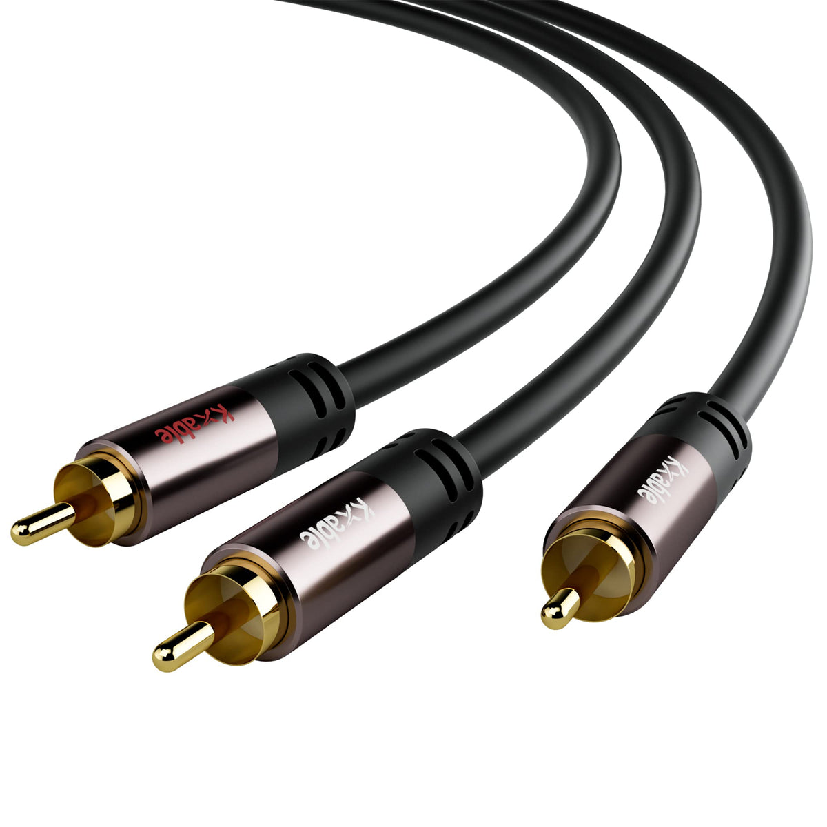 Kxable RCA Y-adapter with 1-to-2 RCA ends enables splitting audio to two speakers.