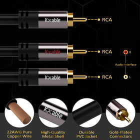 Kxable RCA Y-adapter features 24K gold plated contacts to reduce corrosion and maintain signal.