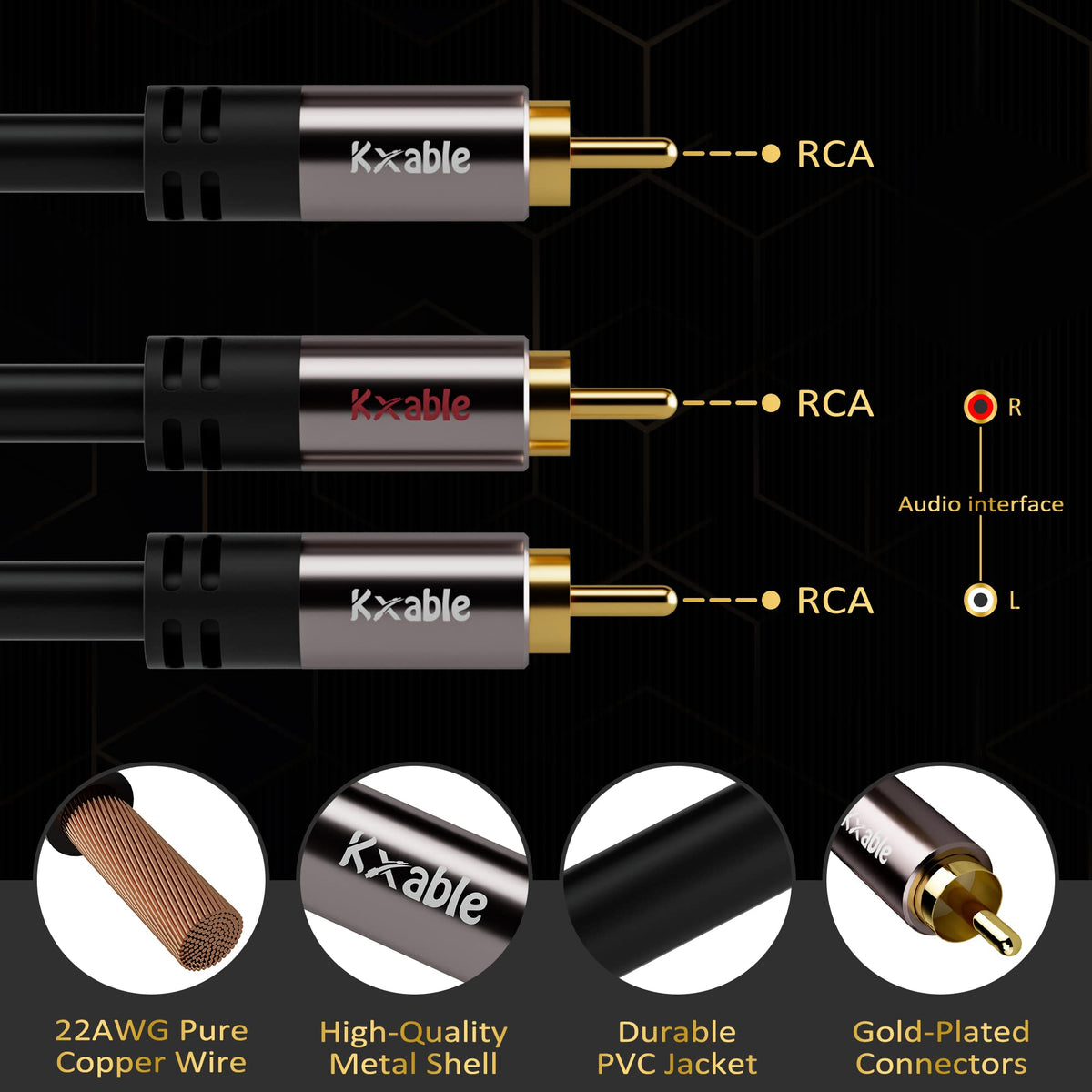 Kxable hi-fi splitter provides clean subwoofer and speaker connections.