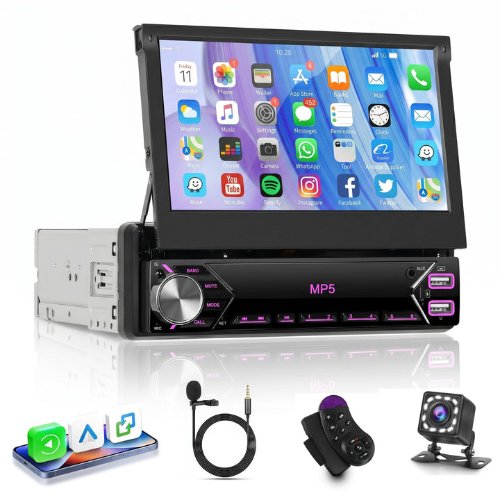 KYNNT front panel flip-out showing touchscreen and compact single-DIN fit for easy upgrade