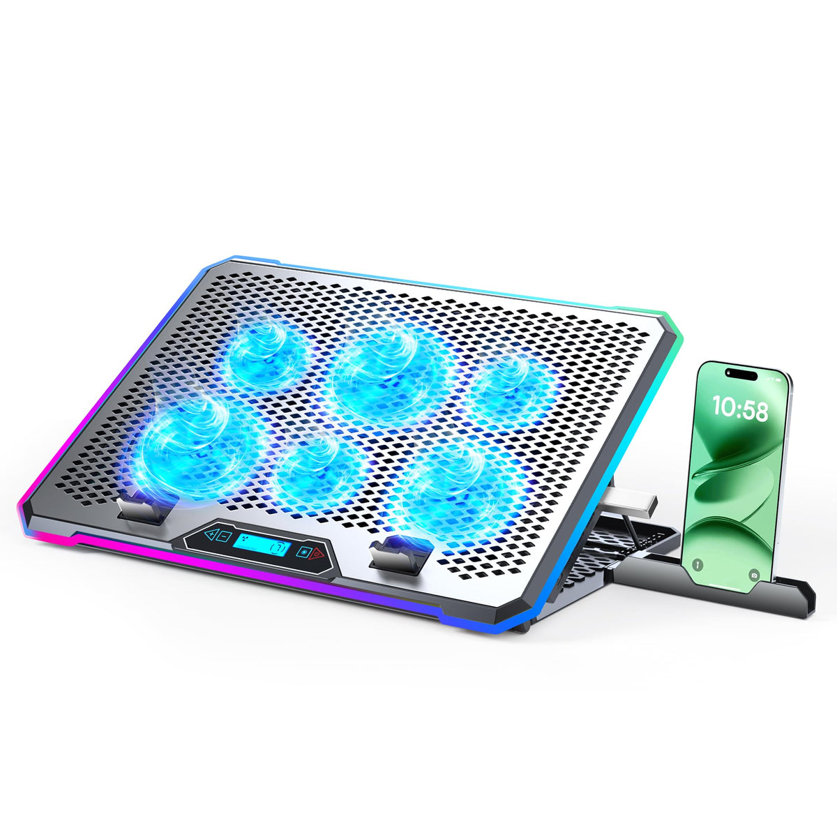 KYOLLY aluminum cooler with six fans boosts laptop cooling efficiency.