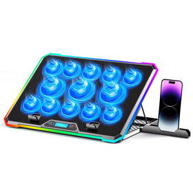 KYOLLY gaming laptop cooler with 13 fans quietly cools a laptop on desk or lap.