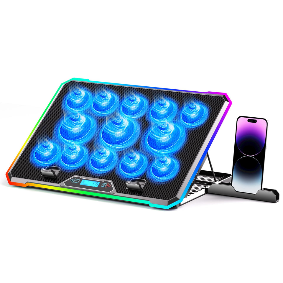 KYOLLY gaming laptop cooler with 13 fans quietly cools a laptop on desk or lap.