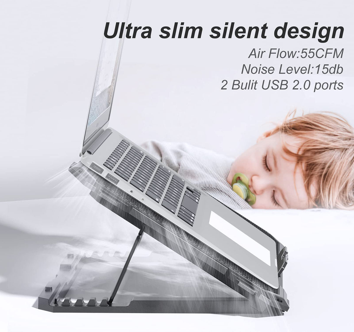 KYOLLY laptop cooler with 2 USB ports keeps peripherals connected while you work