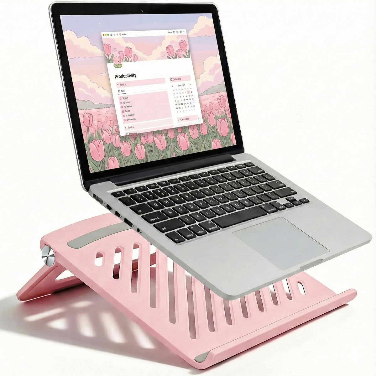 KYQEE front view pink elephant stand showing stable laptop support