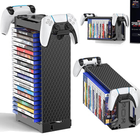 Kytok video game storage tower with controller stand shown in compact vertical setup for easy access