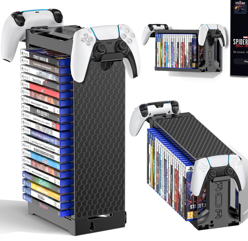 Kytok video game storage tower with controller stand shown in compact vertical setup for easy access