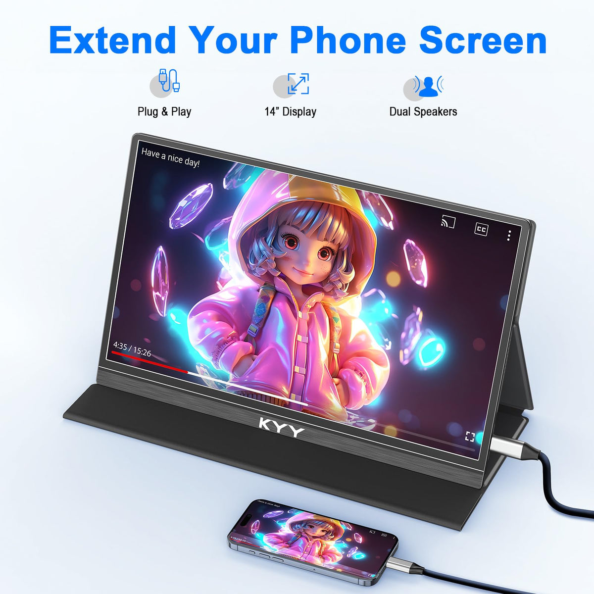 KYY 14-inch portable monitor mini HDMI port for quick device pairing