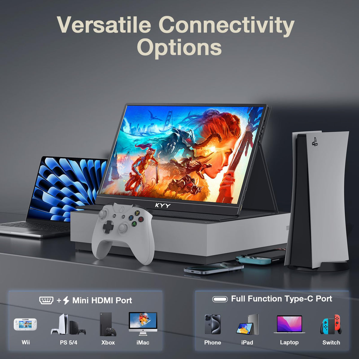 KYY 4K Portable Monitor PS5 setup demonstrating vibrant color and clarity