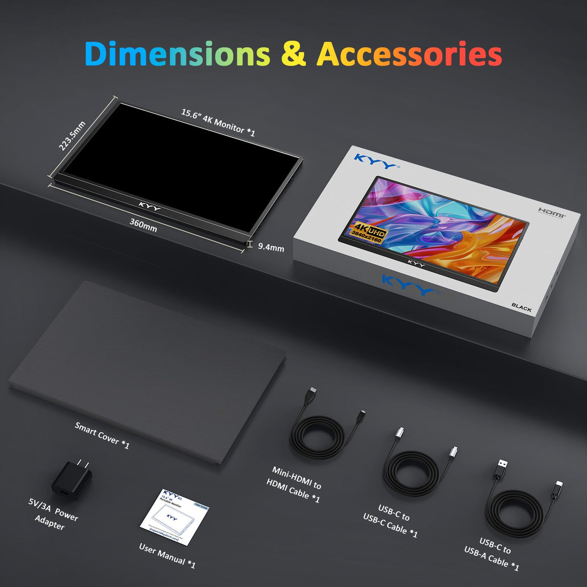 KYY 4K portable monitor built-in speakers for media sharing.