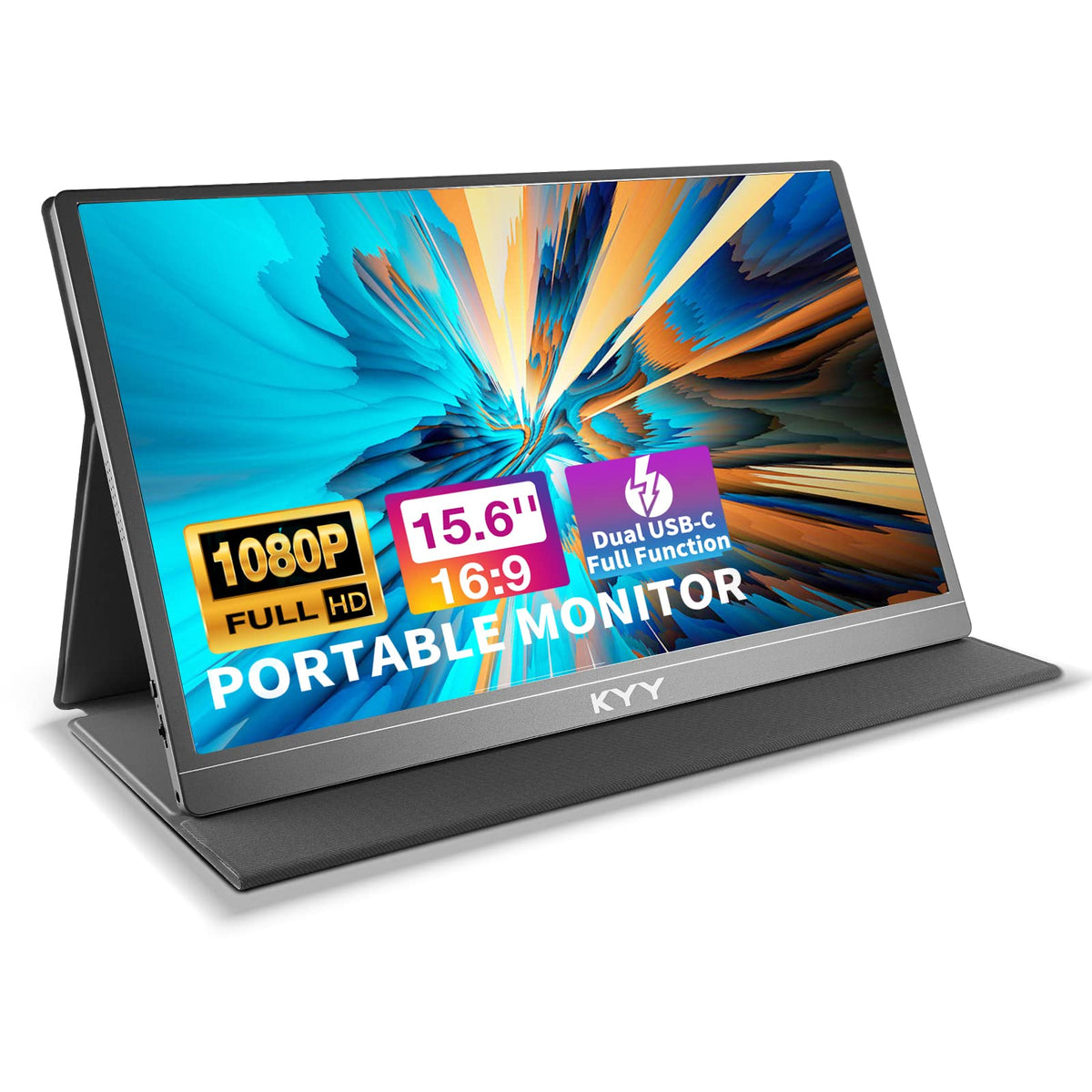 KYY portable monitor front view with a slim profile, ideal for travel and work.