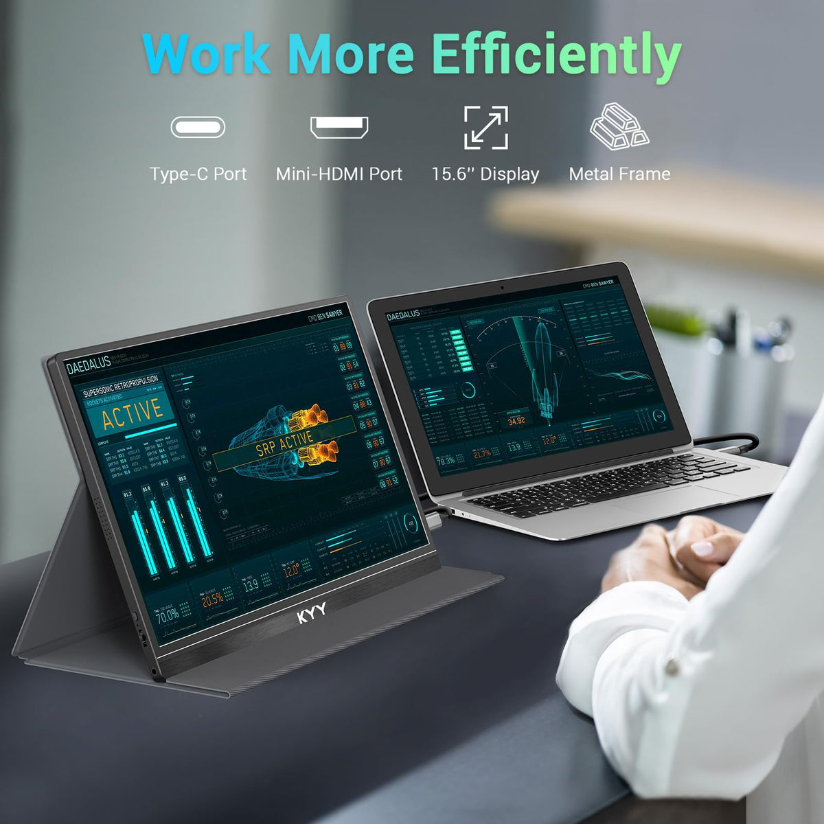 KYY portable monitor IPS panel with wide viewing angles and vibrant colors