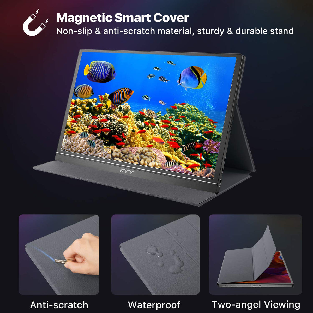 KYY portable monitor angled view shows ergonomic viewing angles.