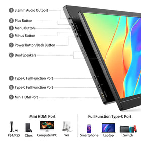 KYY portable monitor dual speakers close-up highlighting improved audio for videos and games.