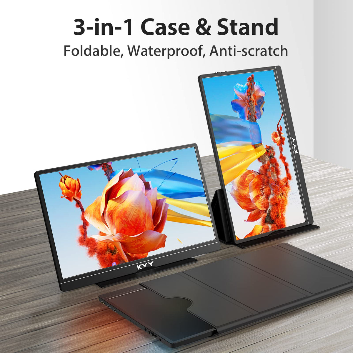 KYY portable monitor travel stand folded demonstrates protective, versatile support.