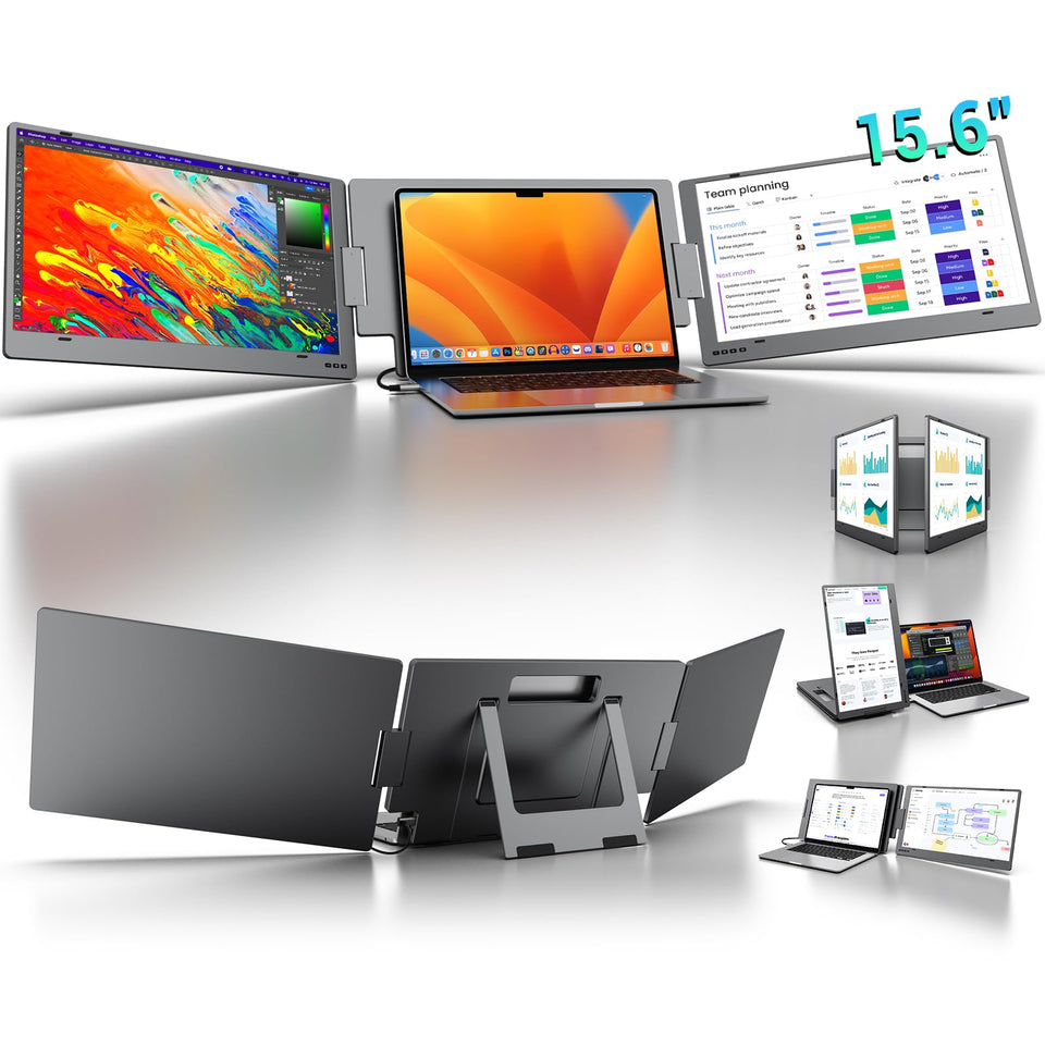 KYY triple-monitor laptop extender shows a compact multi-screen setup for faster workflows.