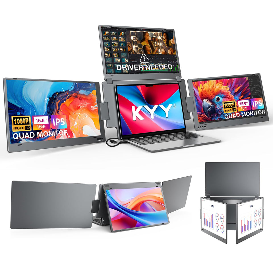 KYY X90G triple-monitor setup on a laptop for multitasking across code and dashboards.