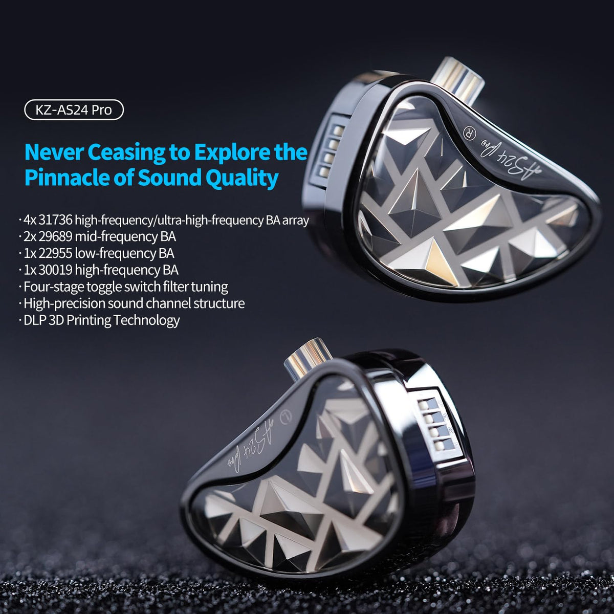 KZ AS24 Pro driver array with high, mid, and bass drivers for full spectrum.