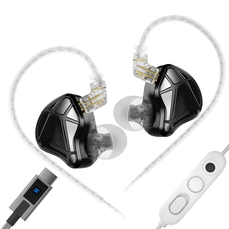 KZ Axas front view showing sleek black housing and ergonomic shape for comfort