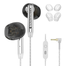 KZ Duet front view showing sleek black earbuds and ergonomic shape for comfort