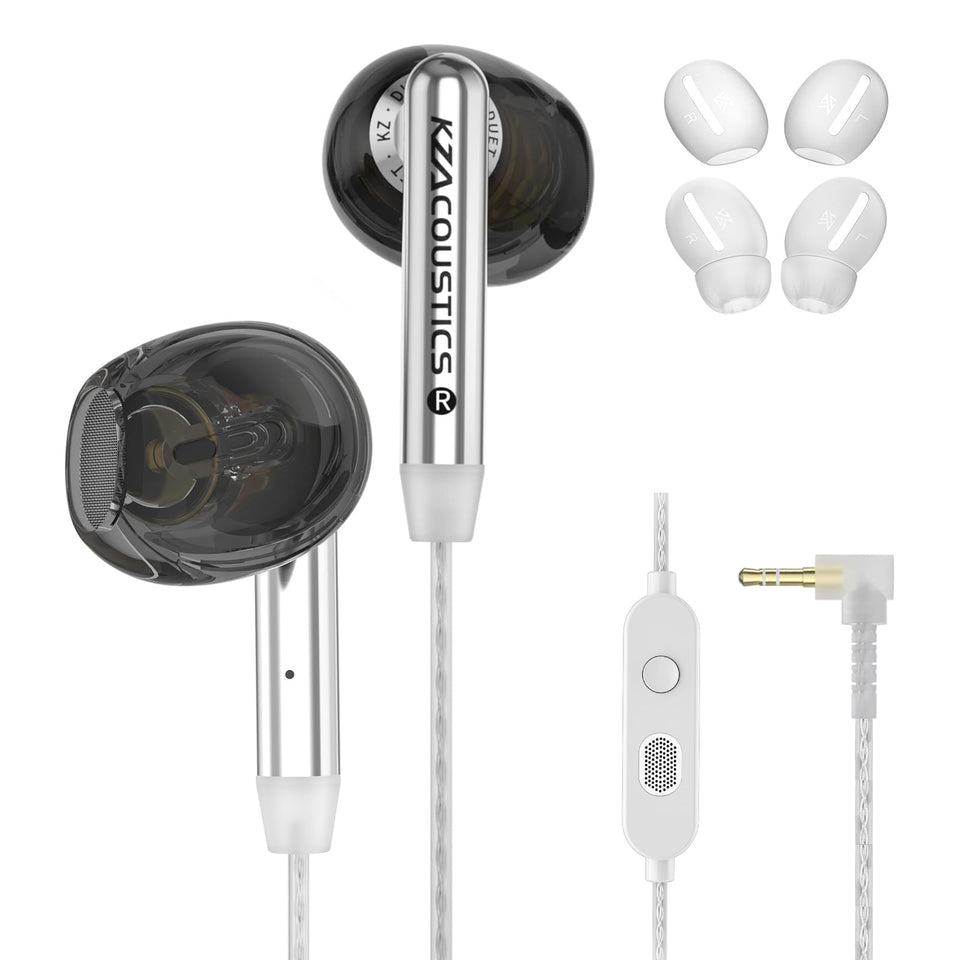 KZ Duet front view showing sleek black earbuds and ergonomic shape for comfort