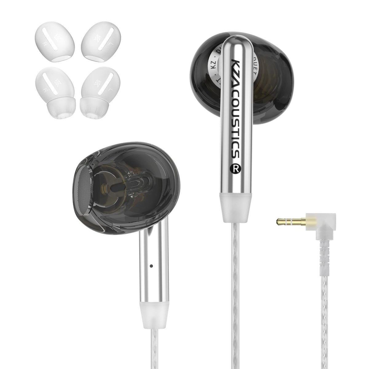 KZ Duet front view showing sleek black housings and ergonomic shape for clear audio